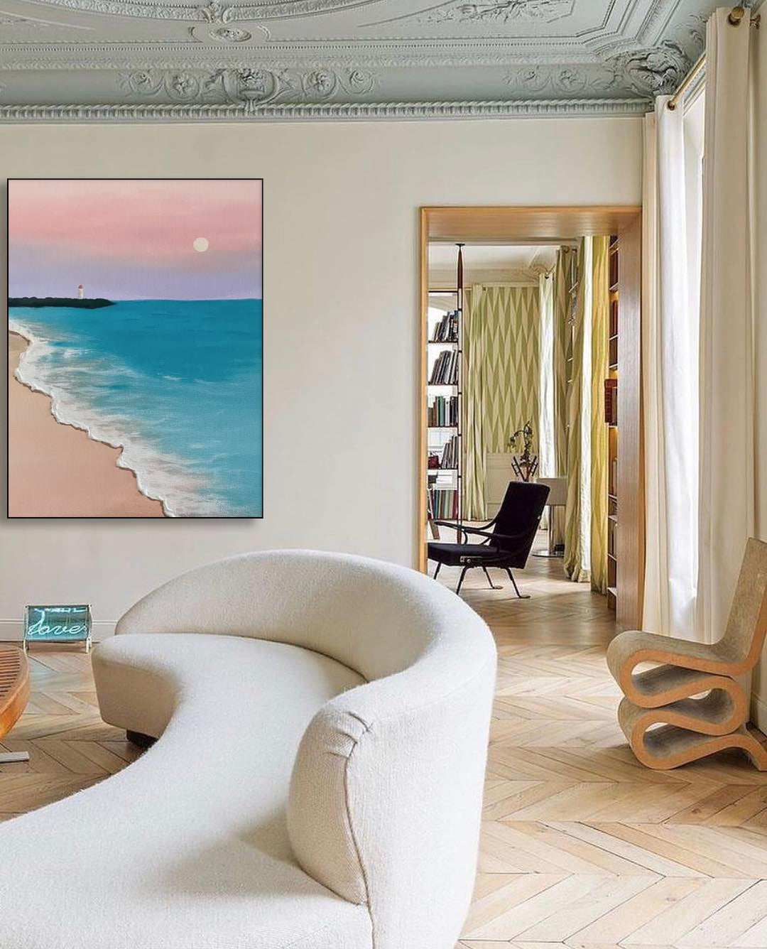 Serene Beach with Lighthouse Sunset