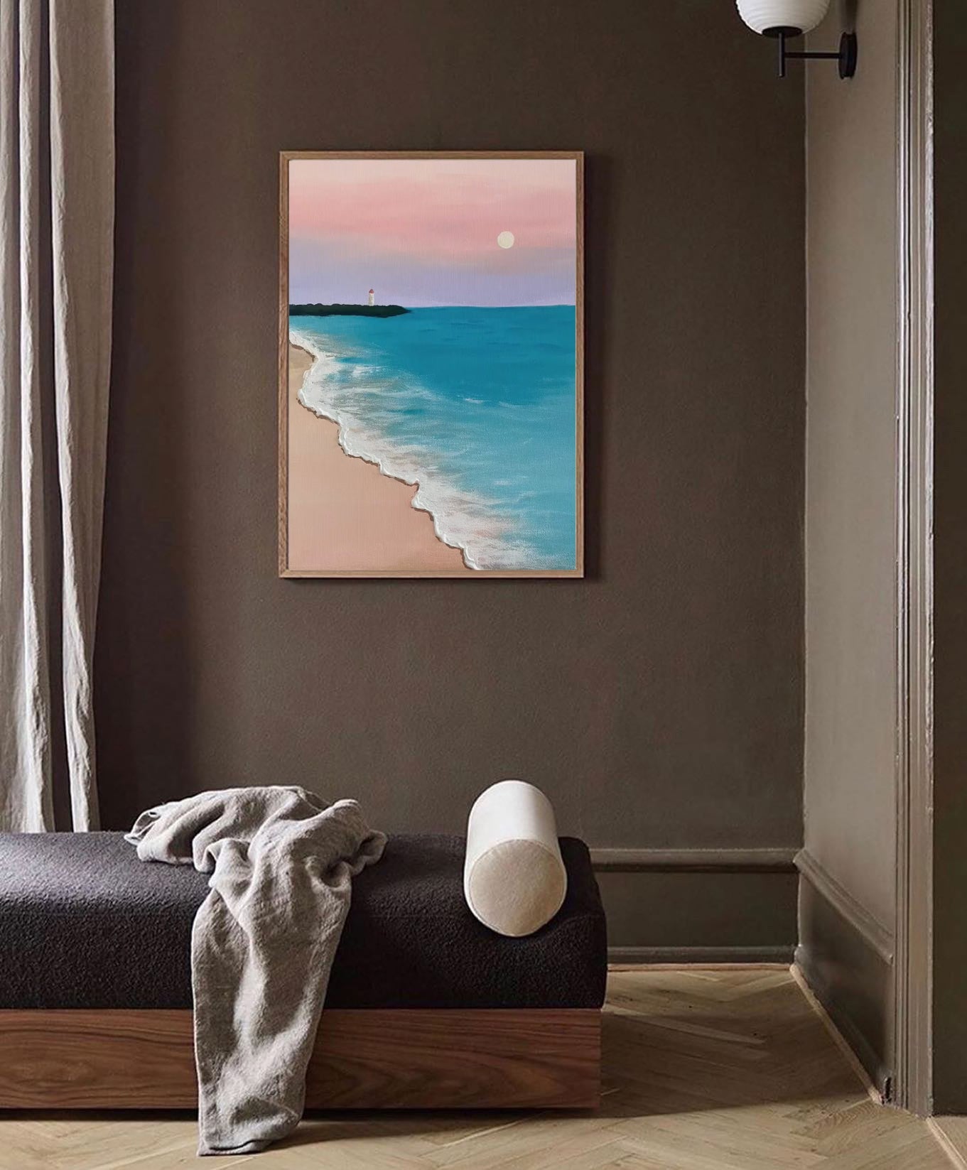 Serene Beach with Lighthouse Sunset
