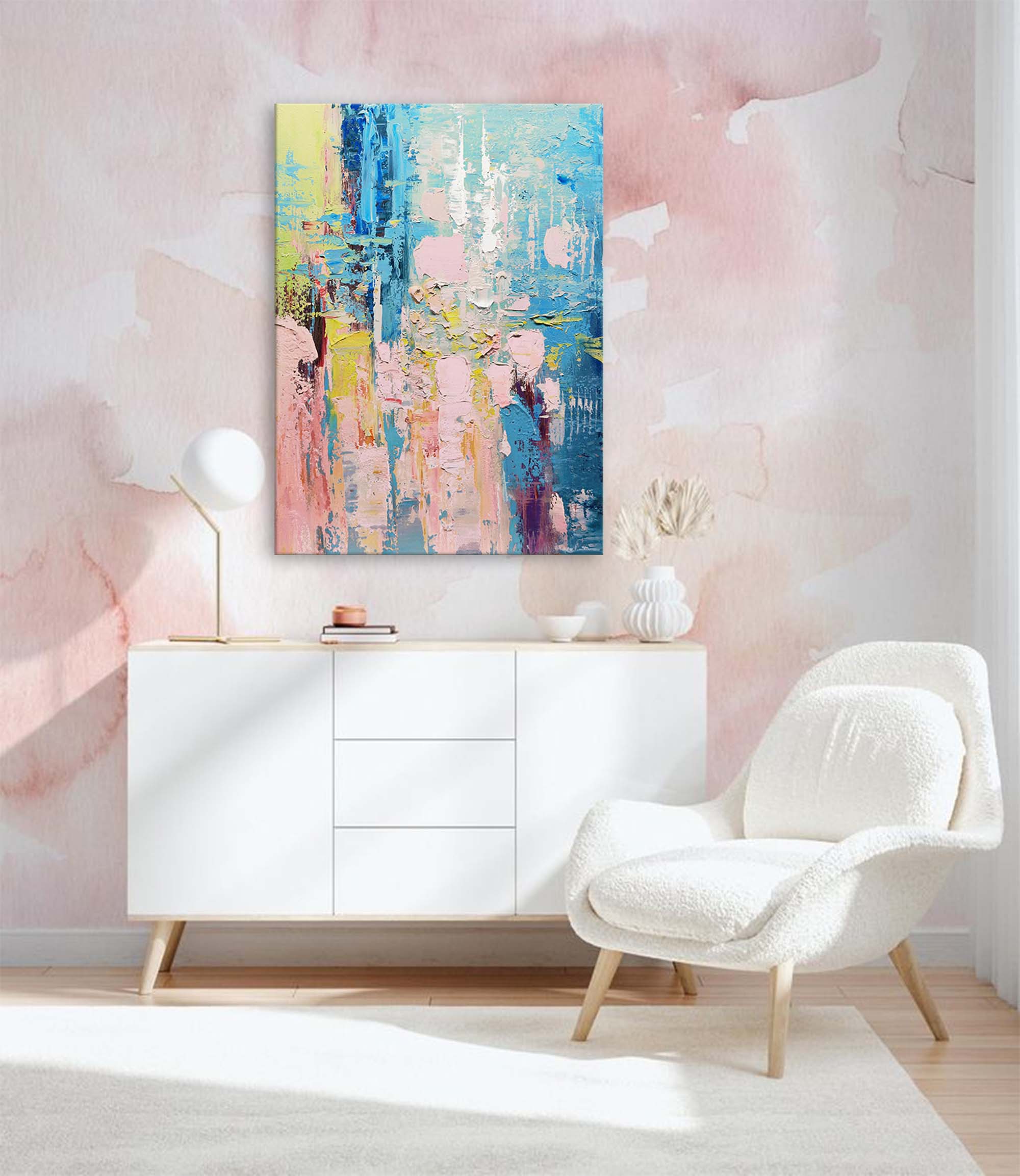 Serene Blue and Pink Abstract Textured Canvas Art