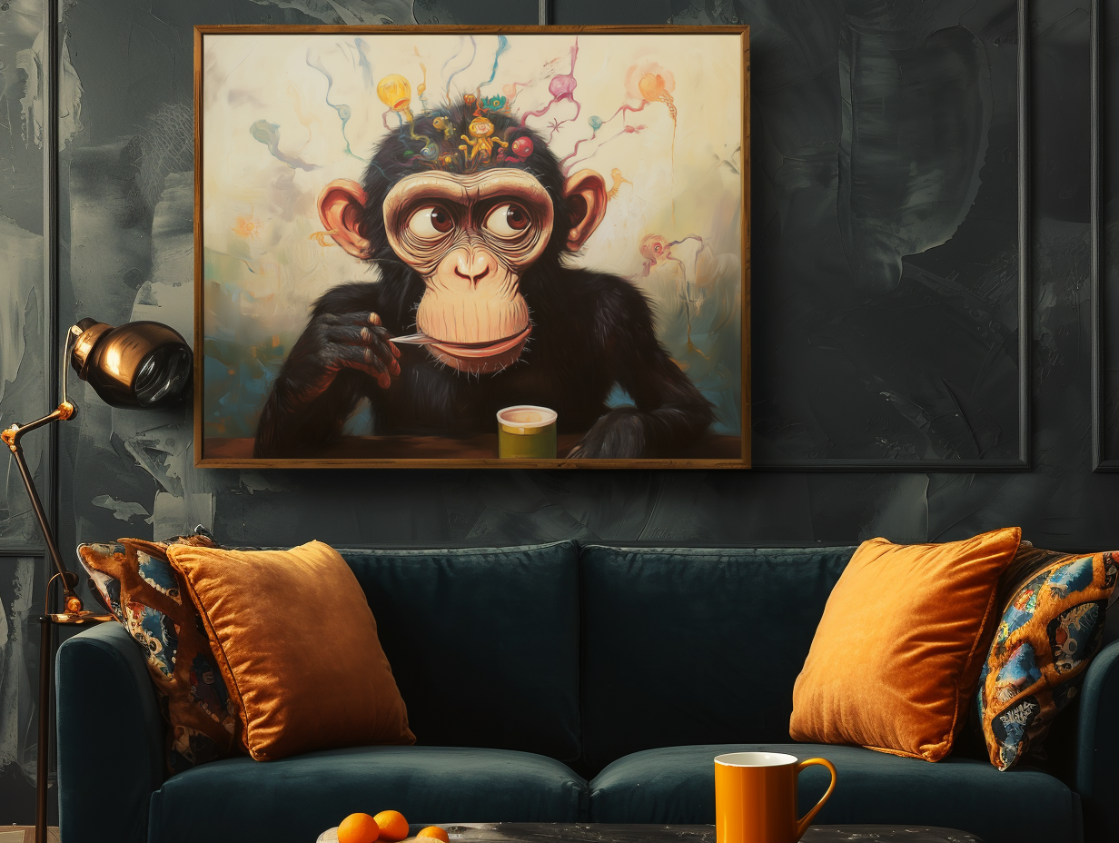 Whimsical Surreal Chimpanzee Wall Art, Colorful Curly Patterns Monkey Painting for Home Decor