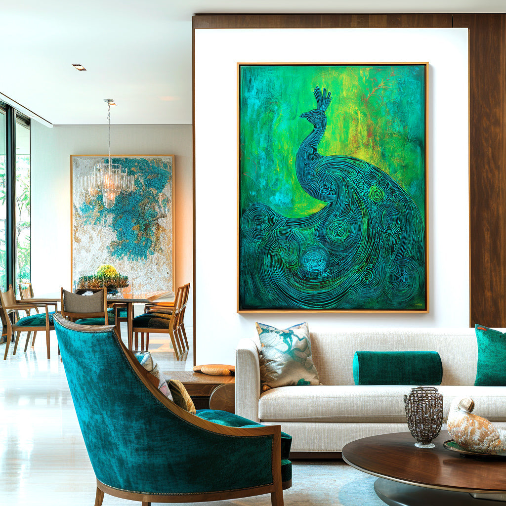 Emerald Poise - Textured Green and Blue Peacock Oil Painting