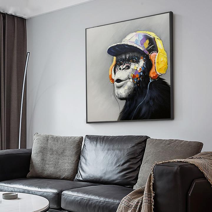 Monkey wearing headphones oil painting modern pop art style