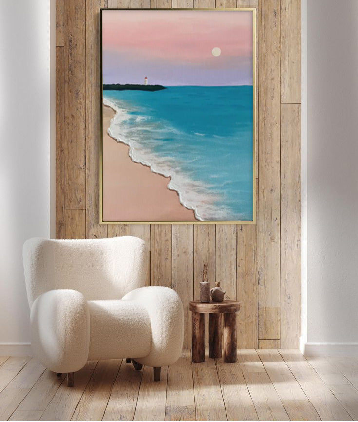 Serene Beach with Lighthouse Sunset